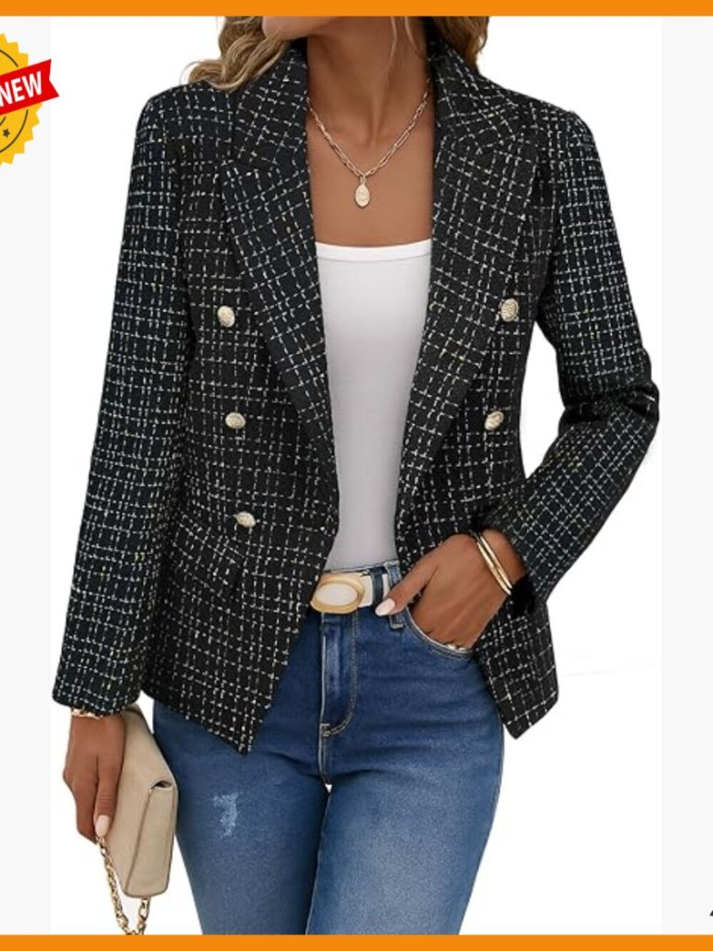 Tweed Plaid Blazer Jacket Double-Breasted Slim Petite Fully-Lined Work Casual
